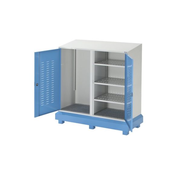 Hordó- és kiskannatartó állvány, 2 ajtós veszélyesanyag-tároló