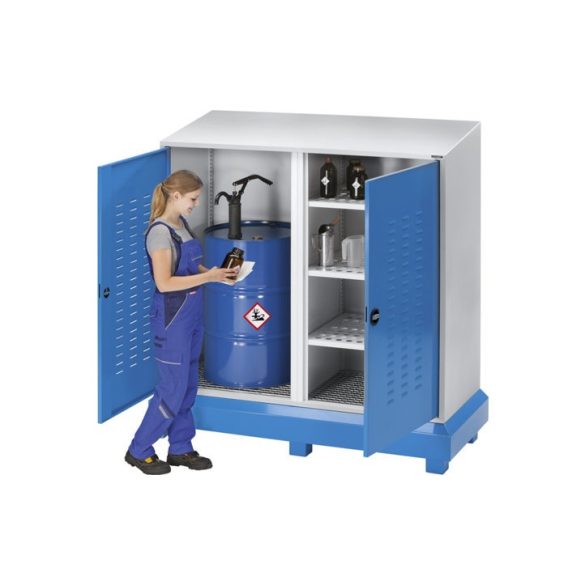 Hordó- és kiskannatartó állvány, 2 ajtós veszélyesanyag-tároló