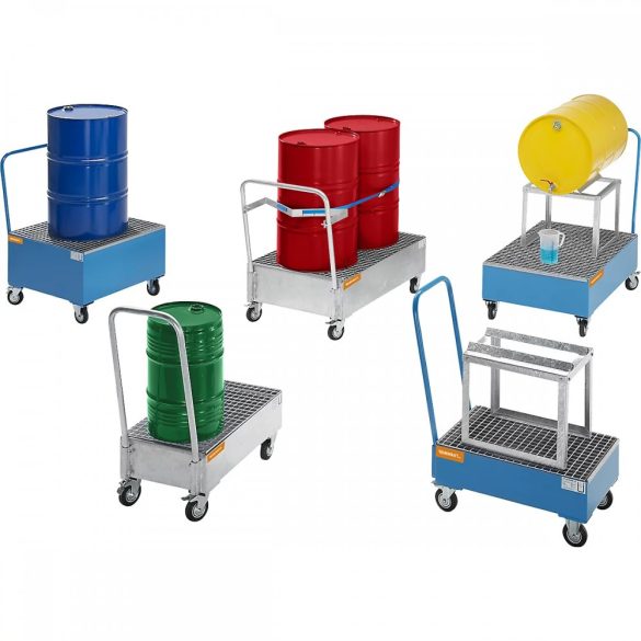 Mobil felfogótálca acéllemezből,  1200 x 800 mm, 2 db 200 l-es hordó álló helyzetben, porszórt bevonattal, világoskék színben 