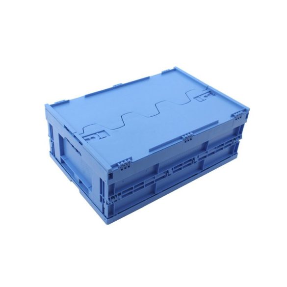 Polipropilén összehajtható doboz, 44 l, 400x600x220 mm, zsanéros fedéllel, kék