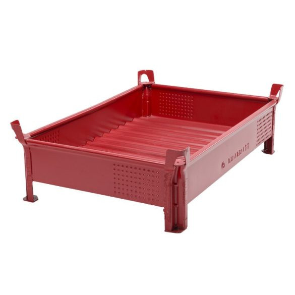 Egymásra rakható acéllemez tároló, alacsony típus, 1000x1200x200 mm, teherbírás 500 kg