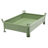 Egymásra rakható acéllemez tároló, alacsony típus, 1000x1200x200 mm, teherbírás 1000 kg