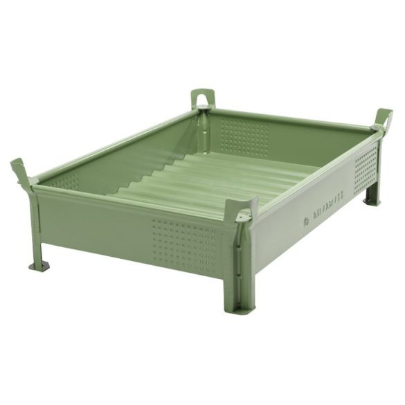 Egymásra rakható acéllemez tároló, alacsony típus, 1000x1200x200 mm, teherbírás 1000 kg