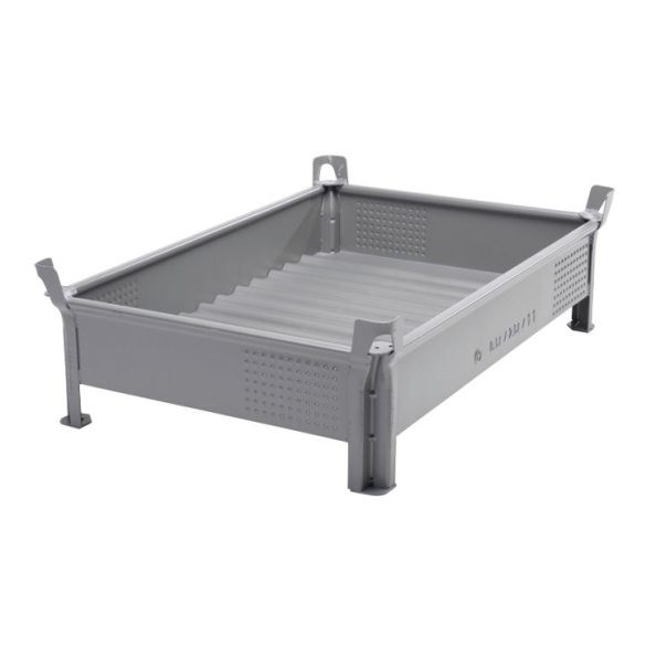 Egymásra rakható acéllemez tároló, alacsony típus, 1000x1200x300 mm, teherbírás 2000 kg