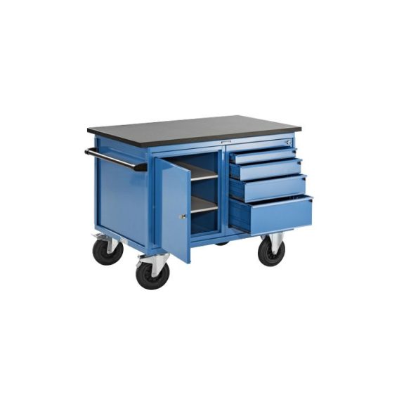 Prémium szerelőkocsi, 1 szekrény, 1 fiókos szekrény, váz és előlapok világoskék színben, MDF-munkalap