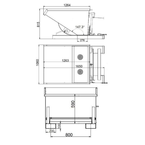 600 literes  dupla aljú billenő konténer 1650x1060x815/1055 mm