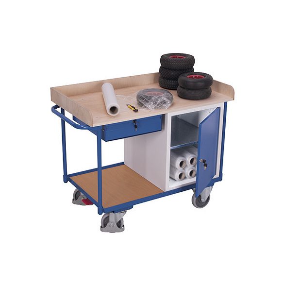 Műhelykocsi 2 rakfelülettel- zárható fiókkal és tárolóval, 1220 x 640 x 955 mm