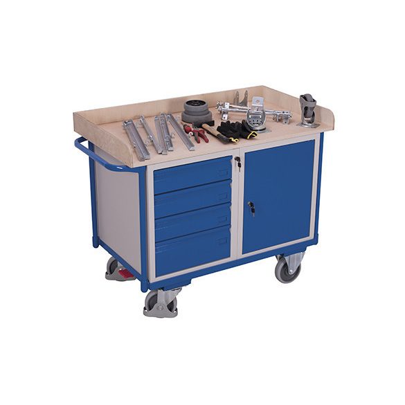 Műhelykocsi 1 rakfelülettel, 4 db záható fiókkal és tárolóval, 1220 x 640 x 955 mm