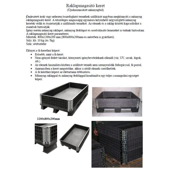 Műanyag raklapmagasító zsanéros keret, újrahasznosított anyagból 800x1200x200 mm