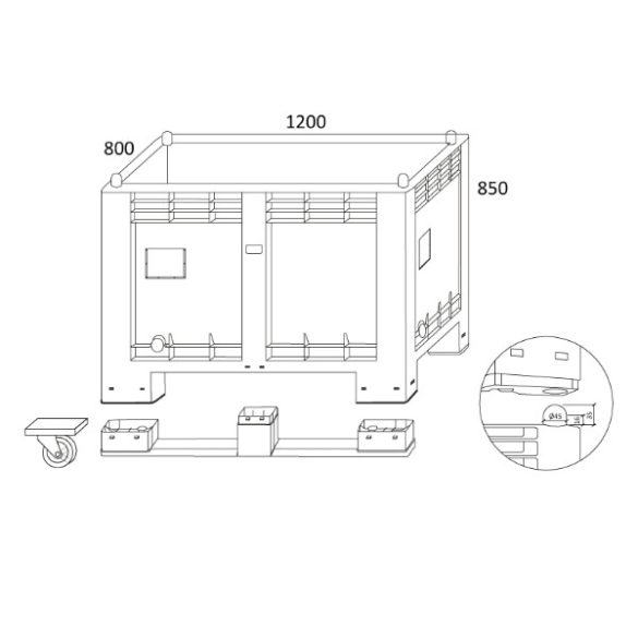2 talpas szellőzőréses újrahasznósított műanyag konténer 550 L 1200x800x850 mm