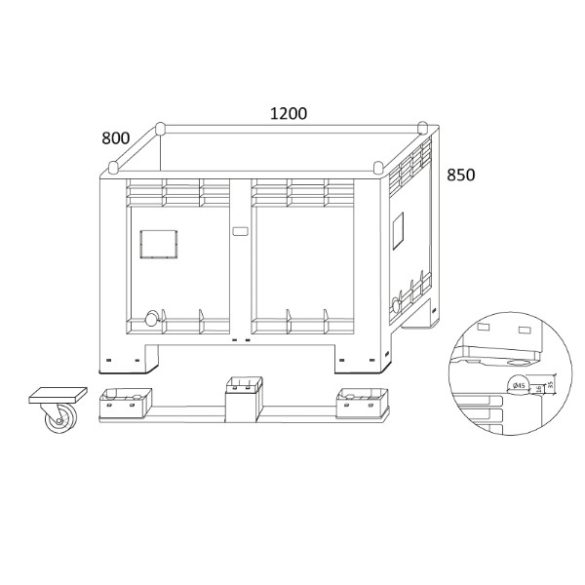 2 talpas zártfalú újrahasznósított műanyag konténer 550 L 1200x800x850 mm