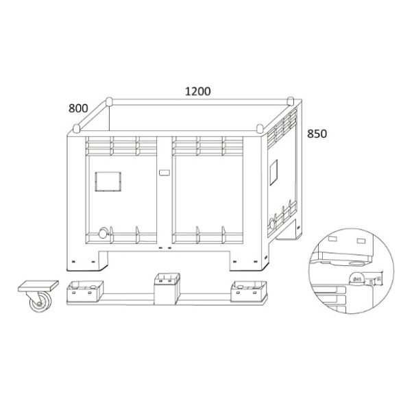 2 talpas zártfalú műanyag konténer 550 L 1200x800x850 mm