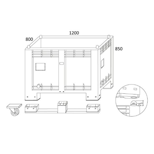 4 lábas szellőzőréses műanyag konténer 550 L 1200x800x850 mm