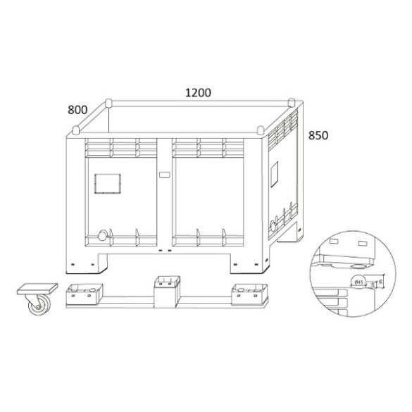 4 lábas szellőzőréses műanyag konténer 550 L 1200x800x850 mm