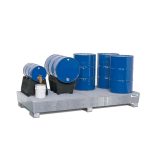 Acél kármentő tálca 8 hordóhoz, 1300x2680x343 mm, horganyzott, aláfogható, rácsrostéllyal