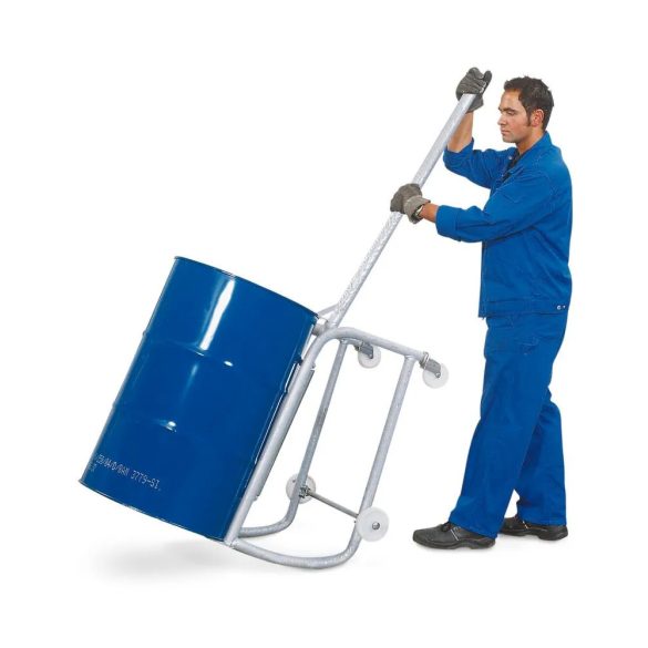 Hordóbillentő emelő rúddal, acélból, görgőfeltéttel és kármentővel, 1 db 200 literes hordóhoz