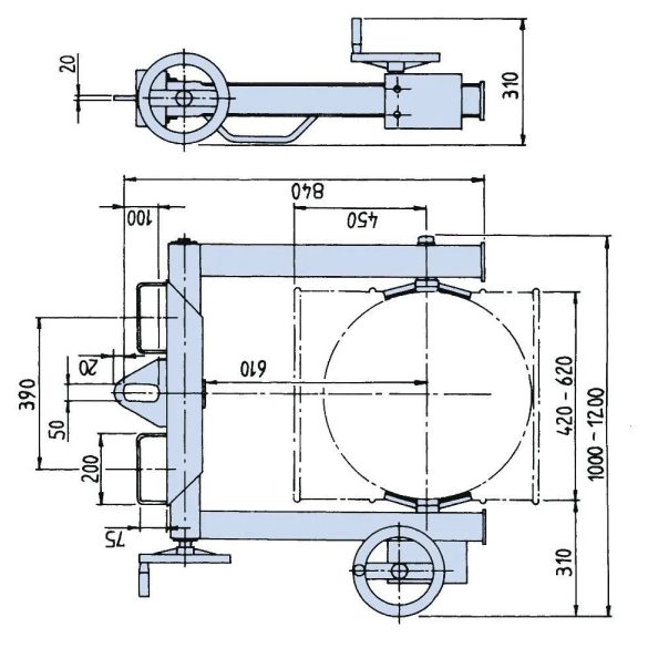 Hordófordító fogó acélból, lakkozott, fémhordókhoz, 1 acél hordó Ø 400 - 620 mm átmérővel