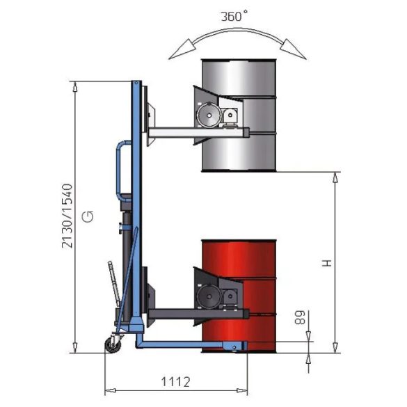 Hordóemelő, hordóforgatóval 360°, 60-220 literes hordóhoz, széles alvázú, emelési magasság 0-1400 mm 
