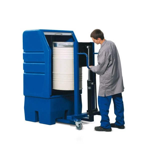 Hordóemelő, hordószorítóval, 200 literes acélhordó, keskeny alvázú, emelési magasság 120-520 mm