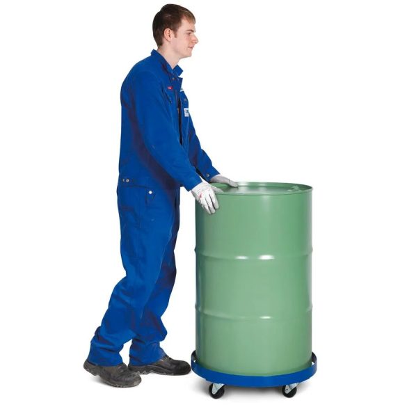 Hordógörgő acélból, kék lakkozott, 200 l hordókhoz, 4 beálló görgővel