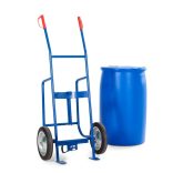 Hordókocsi acélból, kékre lakkozott, tömör gumis, 200/220 l-es hordókhoz