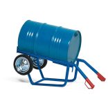 Hordókocsi acélból, kékre lakkozott, tömör gumis, 200/220 l-es hordókhoz