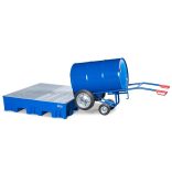 Hordókocsi acélból, tömör gumi, 2 támasztó kerékkel, 200/220 l-es hordókhoz, kék