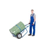 Hordókocsi acélból, 2 tartószerkezet és rögzítő hevederrel, 60/220 l hordóhoz