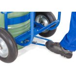 Hordókocsi acélból, 2 tartószerkezet és rögzítő hevederrel, 60/220 l hordóhoz