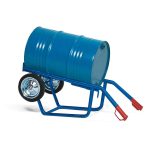   Hordókocsi acélból, kékre lakkozott, tömör gumis, 200-220 l-es hordókhoz, el. vezetőképes