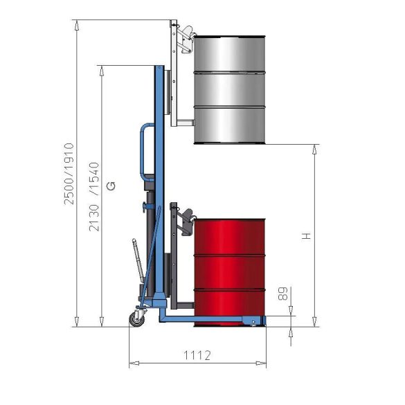 Hordóemelő, hordófogóval, 60-200 literes acélhordó, keskeny alvázú, emelési magasság 120-740 mm