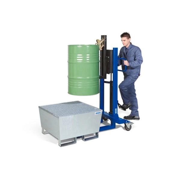 Hordóemelő, hordófogóval, 60-200 literes acélhordó, keskeny alvázú, emelési magasság 120-740 mm