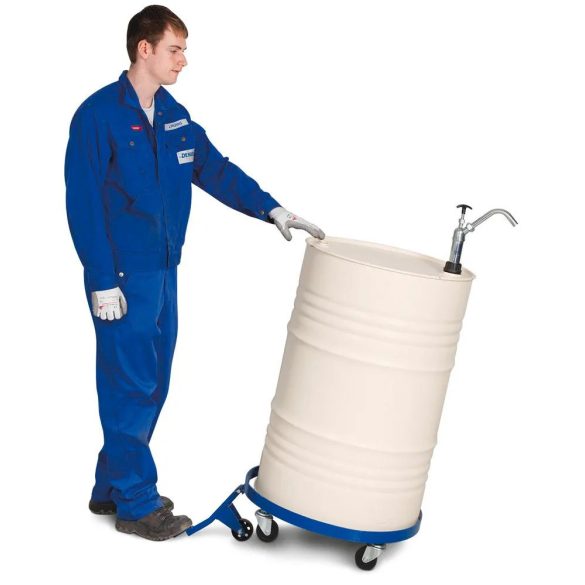 Hordógörgető acélból, 200 l hordókhoz, billentő szerkezettel, 4 beálló görgő, kék