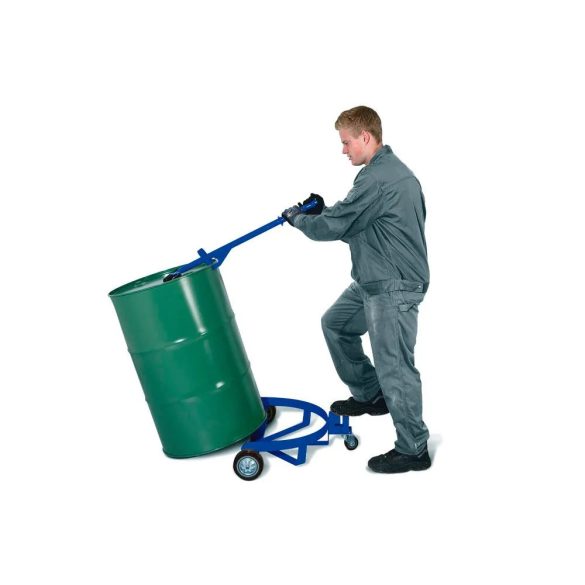 Hordógörgető acélból, 200 l hordókhoz, , 2 teher-, 1 beál. görgő, emelő-/vonórúd 