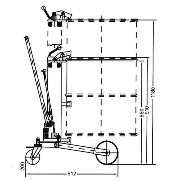 Hordóemelő, hordófogóval, 200 literes bordás acélhordó, széles alvázú, emelési magasság 0-300 mm