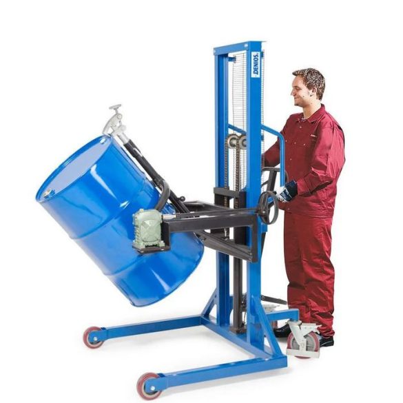 Hordóemelő Servo, hordóforgatóval 180°, 200 literes acélhord., széles alvázú, em. mag. 0-1270 mm 