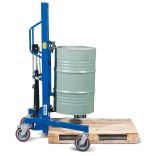 Hordóemelő, hordófogóval, 200 literes bordás acélhordó, állítható alvázú, emelési magasság 0-1060 mm