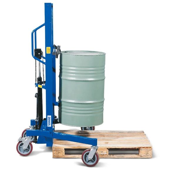 Hordóemelő, hordófogóval, 200 literes bordás acélhordó, állítható alvázú, emelési magasság 0-1060 mm