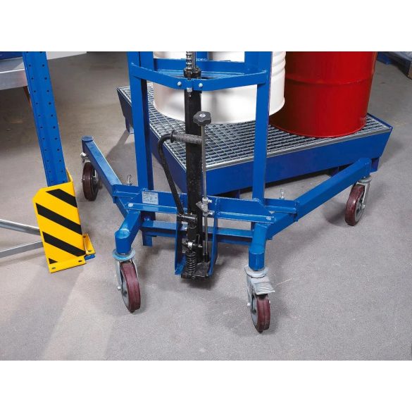 Hordóemelő, hordófogóval, 200 literes bordás acélhordó, állítható alvázú, emelési magasság 0-1060 mm