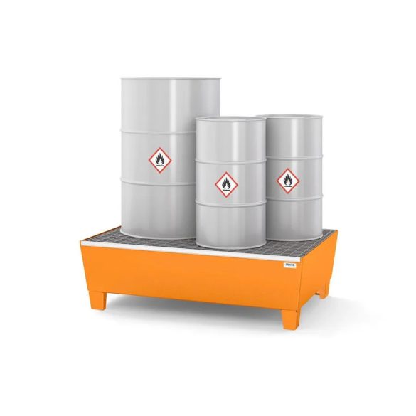 Acél kármentő tálca 2 hordóhoz, 1236x815x350 mm, lakkozott, aláfogható, rácsrostéllyal
