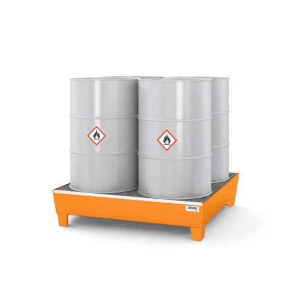 Acél kármentő tálca 4 hordóhoz, 1236x1210x285 mm, lakkozott, aláfogható, rácsrostéllyal