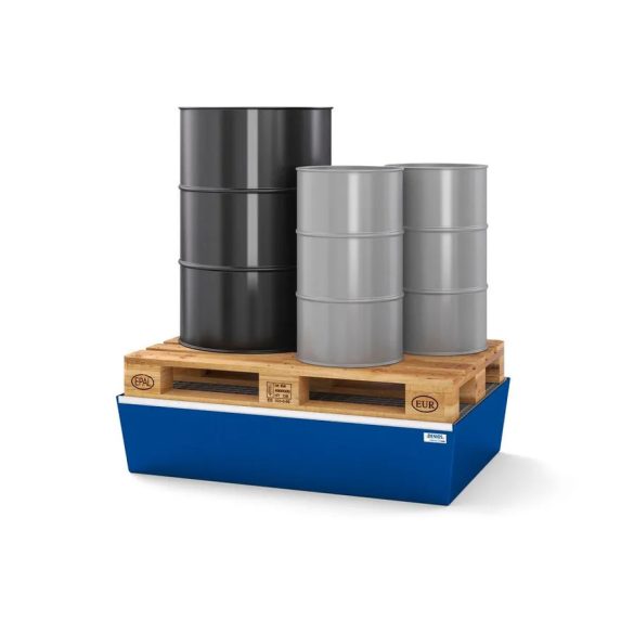 Acél kármentő tálca 2 hordóhoz, 1236x815x255 mm, lakkozott, rácsrostéllyal