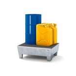 Acél kármentő tálca 2 hordóhoz, 635x785x278 mm, horganyzott, aláfogható, rácsrostéllyal