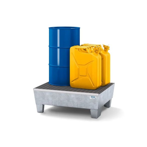 Acél kármentő tálca 2 hordóhoz, 635x785x278 mm, horganyzott, aláfogható, rácsrostéllyal