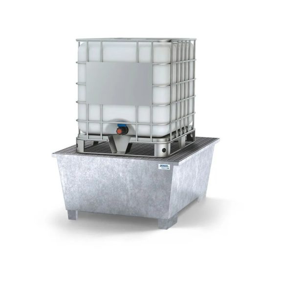 Acél kármentő tálca 1 IBC-hez lefejtő területtel, horganyzott, rácsrostéllyal