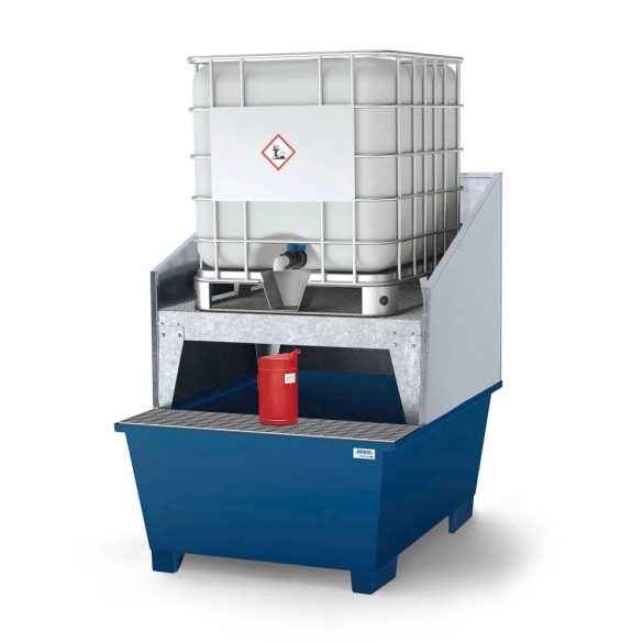 Acél kármentő tálca 1 IBC-hez lefejtő területtel, lakkozott, lefejtő bakkal 